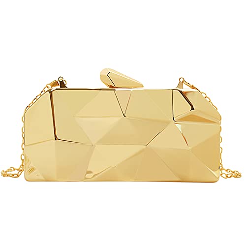 Women Lattice Pattern Metal Handbag Chain Geometric Evening Clutch Purse, Gold