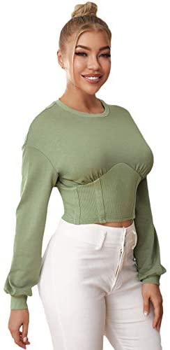 Women's Elegant Tight Hem Long Sleeve Round Neck Drop Shoulder Pullover Sweatshirt