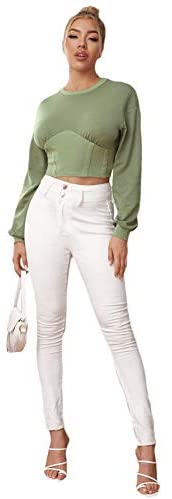 Women's Elegant Tight Hem Long Sleeve Round Neck Drop Shoulder Pullover Sweatshirt