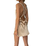 Women Girls Backless Sequin Dresses Spaghetti Strap Deep V-Neck A-line Short Dress Sparkly Party Clubwear