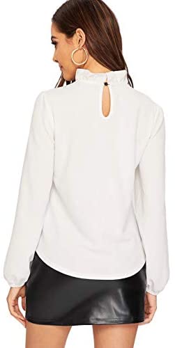 Women's Elegant Tied Lace Panel Frill Neck Blouse Long Sleeve Top Blouse