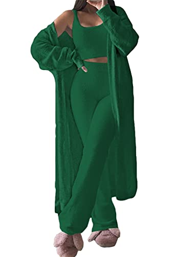 Womens Fuzzy Fleece 3 Piece Pajama Set Tank Crop Tops Pants Open Front Cardigan Lounge Outfit Light Blue S