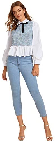 Women's Bow Tie Neck Tweed Insert Shirt Long Sleeve Blouse Keyhole Back Peplum Tops