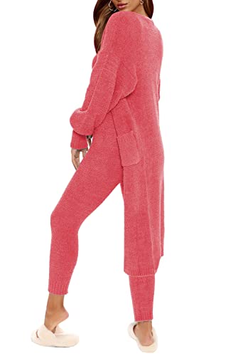 Womens Fuzzy Fleece 3 Piece Pajama Set Tank Crop Tops Pants Open Front Cardigan Lounge Outfit Light Blue S