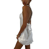 Women Girls Backless Sequin Dresses Spaghetti Strap Deep V-Neck A-line Short Dress Sparkly Party Clubwear