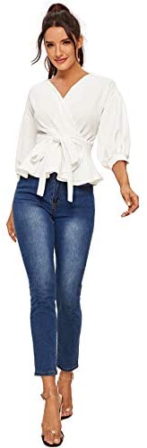 Women's Lantern 3/4 Sleeve V Neck Ruffle Blouse Tie Waist Wrap Peplum Top