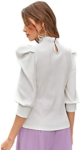 Women's Floral Puff Sleeve Blouse for Work Office Hight Neck Top