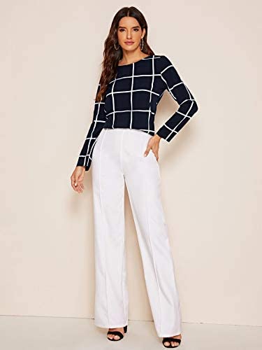 Women's Round Neck Long Sleeve Button Curved Hem Grid Top Blouses