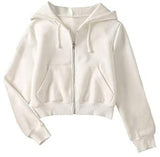 Women's Crop Zip Up Drawstring Pocket Basic Zipper Hooded Sweatshirt
