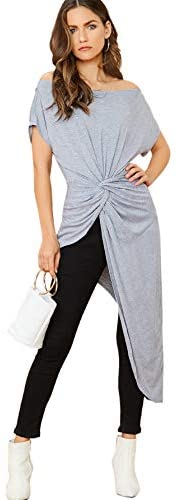 Women's Elegant Asymmetrical Twist Front Off Shoulder Top Plain High Low Blouse