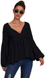 Women's Casual V Neck Flounce 3/4 Sleeve Top Ruffle Loose Blouse