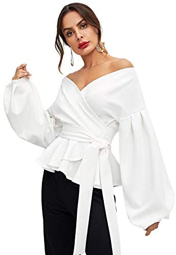Women's Long Sleeve V Neck Ruffle Blouse Off Shoulder Tie Waist Wrap Tops