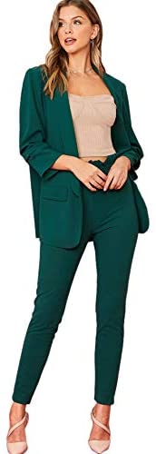 Women's Two Piece Plaid Open Front Long Sleeve Blazer and Elastic Waist Pant Set Suit