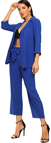 Women's 2 Piece Outfit Notched Neck 3/4 Sleeve Blazer and Wide Leg Belted Pants Set