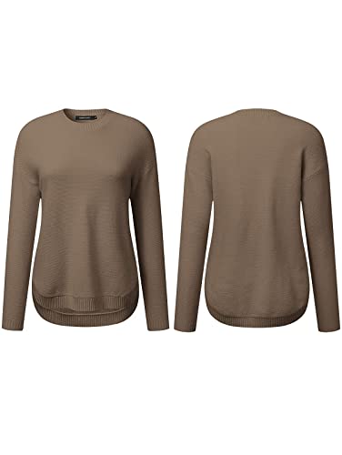 Women's Long Sleeve Oversized Crew Neck Solid Color Knit Pullover Sweater Tops Mocha