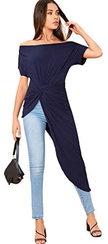Women's Elegant Asymmetrical Twist Front Off Shoulder Top Plain High Low Blouse