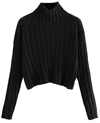 Women's High Neck Drop Shoulder Raw Hem Crop Sweater Pullovers
