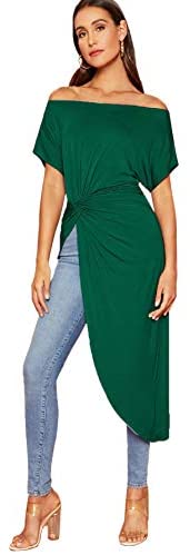Women's Elegant Asymmetrical Twist Front Off Shoulder Top Plain High Low Blouse