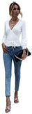 Women's Long Sleeve V Neck Wrap Front Tied Surplice Sweater Tops White One Size