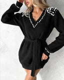 Beaded Tied Deatil Knit Sweater Dress