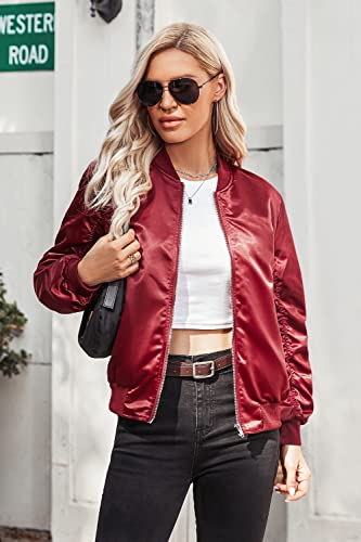 Womens Casual Jackets Long Sleeve Lightweight Fall Satin Bomber Jacket Zip Up Biker Windbreaker Coat with Pockets