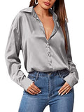 Black Silk Button Up Shirt Women Satin Blouse Casual V-Neck Long Sleeve Business Office Blouses Tops Black S