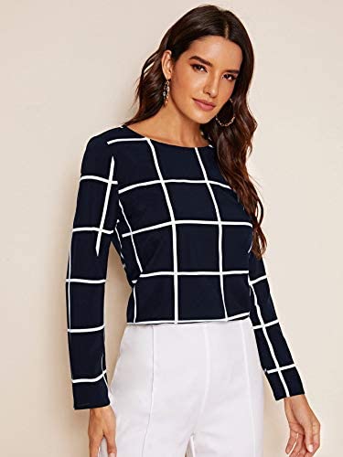 Women's Round Neck Long Sleeve Button Curved Hem Grid Top Blouses