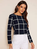 Women's Round Neck Long Sleeve Button Curved Hem Grid Top Blouses