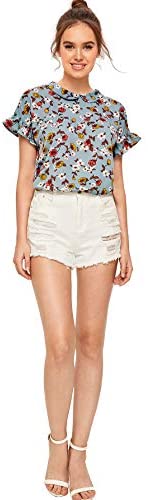 Women's Peter Pan Collar Floral Blouse Short Ruffle Sleeve Babydoll Shirt Top