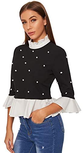 Women's Cute Long Sleeve Ruffle Hem Sweatshirt Contrast Collar Top
