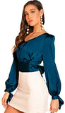 Women's Elegant V Neck Self Tie Knot Long Sleeve Satin Blouse Shirt Top