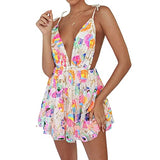 Women Girls Backless Sequin Dresses Spaghetti Strap Deep V-Neck A-line Short Dress Sparkly Party Clubwear