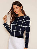Women's Round Neck Long Sleeve Button Curved Hem Grid Top Blouses
