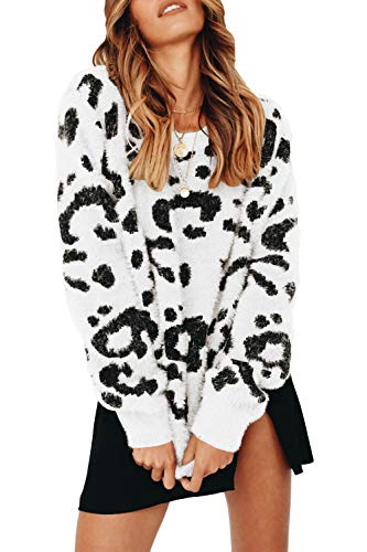 Womens Leopard Crewneck Sweater Oversized Casual Loose Basic Sherpa Pullover Knit Jumper
