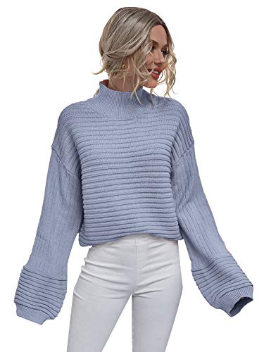 MakeMeChic Women's Solid High Neck Drop Shoulder Textured Pullover Sweater Apricot L