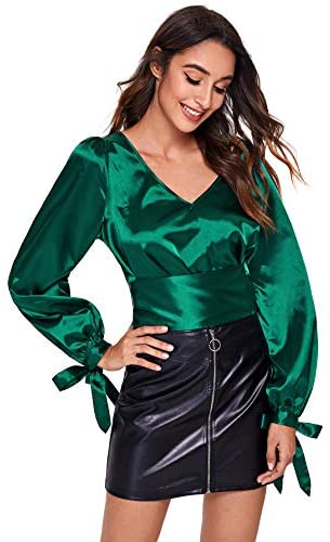 Women's Elegant V Neck Self Tie Knot Long Sleeve Satin Blouse Shirt Top