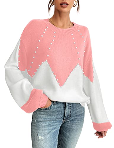 Women's Chunky Sweater Crewneck Sweatshirt Knit Lantern Sleeve Oversized Pullover Sweater with Pearls (Large, Grey)