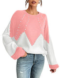 Women's Chunky Sweater Crewneck Sweatshirt Knit Lantern Sleeve Oversized Pullover Sweater with Pearls (Large, Grey)