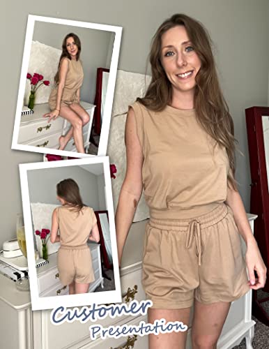 Womens Summer 2 Piece Outfits Short Sets Sleeveless Two Piece Lounge High Waisted Shorts with Pockets,Light Tan