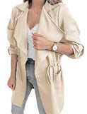 Women's Casual Lightweight Jackets Long Sleeve Drawstring Waist Lapel Trench Coat Outwear with Pockets