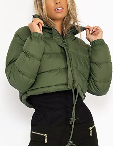 Women Cropped Puffer Jacket Winter Zip Up Short Padded Down Coat(Green-M)