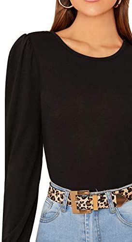 Women's Casual Round Neck Blouse Top Puff Sleeve Solid T Shirt Black