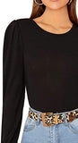 Women's Casual Round Neck Blouse Top Puff Sleeve Solid T Shirt Black