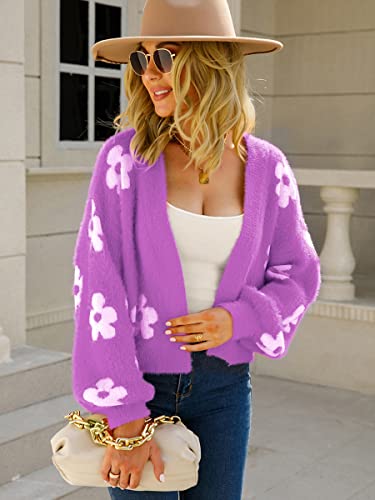 Women's Cardigan Sweaters - Floral Knit Open Front Crop Cardigans Long Sleeve Sweater Outwear Tops Orange L