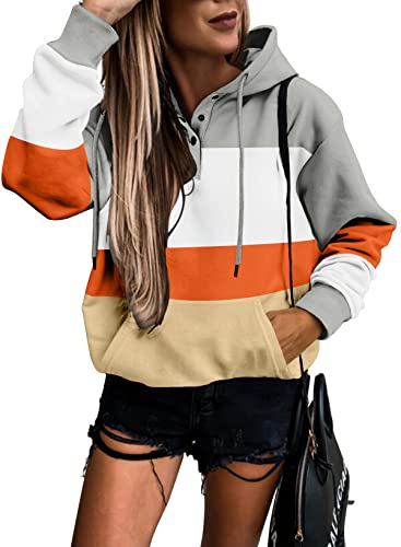 Womens Casual Hoodies Long Sleeve Drawstring Lightweight Solid Hooded Sweatshirt Button Loose Pullover Tops Fall Clothes with Pocket