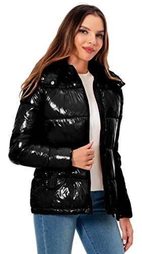 Women's Winter Hooded Shiny Puffer Jacket Casual Warm Quilted Full Zip Short Bubble Padded Coat (as1, alpha, s, regular, regular, Dark Gold, Small)