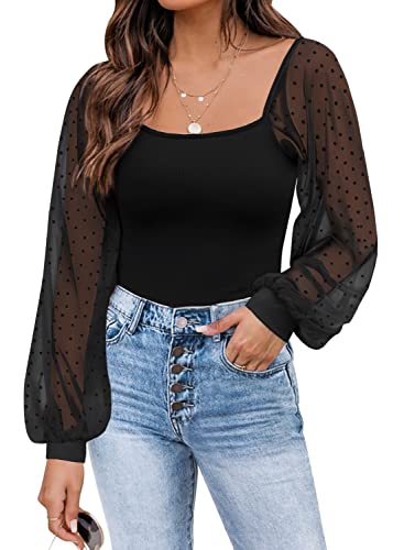 Women's Puff Sleeve Tops Mesh Sexy Casual Tee Shirts Blouses