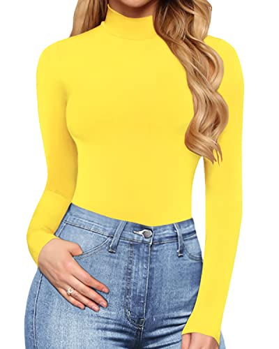 Women's Mock Turtle Neck Long Sleeve Tops Bodysuit Jumpsuit (A Long Sleeve Black)