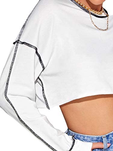 Women's Loose Contrast Stitch Long Sleeve Drop Shoulder Crop Pullover Sweatshirt