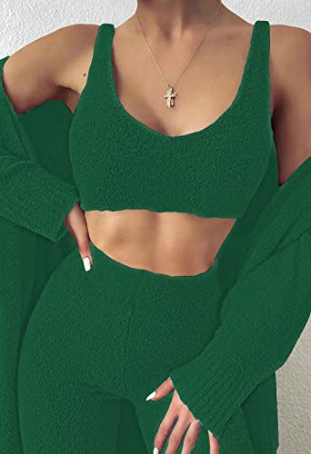 Womens Fuzzy Fleece 3 Piece Pajama Set Tank Crop Tops Pants Open Front Cardigan Lounge Outfit Light Blue S